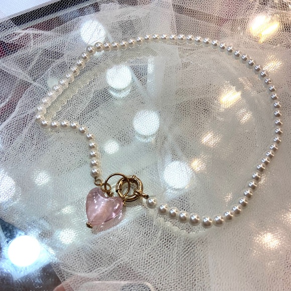 Y2k Style Pearl Choker Pink Crystal Resin Pendant Accesory Women Necklace - Picture 1 of 6